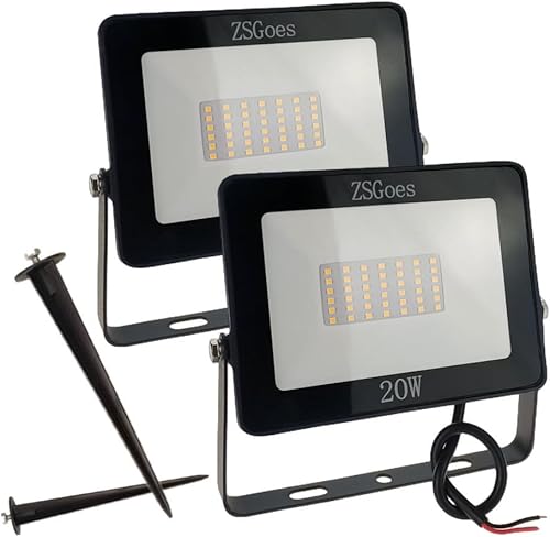 Paquete de 2 luces LED de 20 W W de color blanco cálido para exteriores, impermeable, IP65, reflector de pared, luz de paisaje de seguridad, hogar