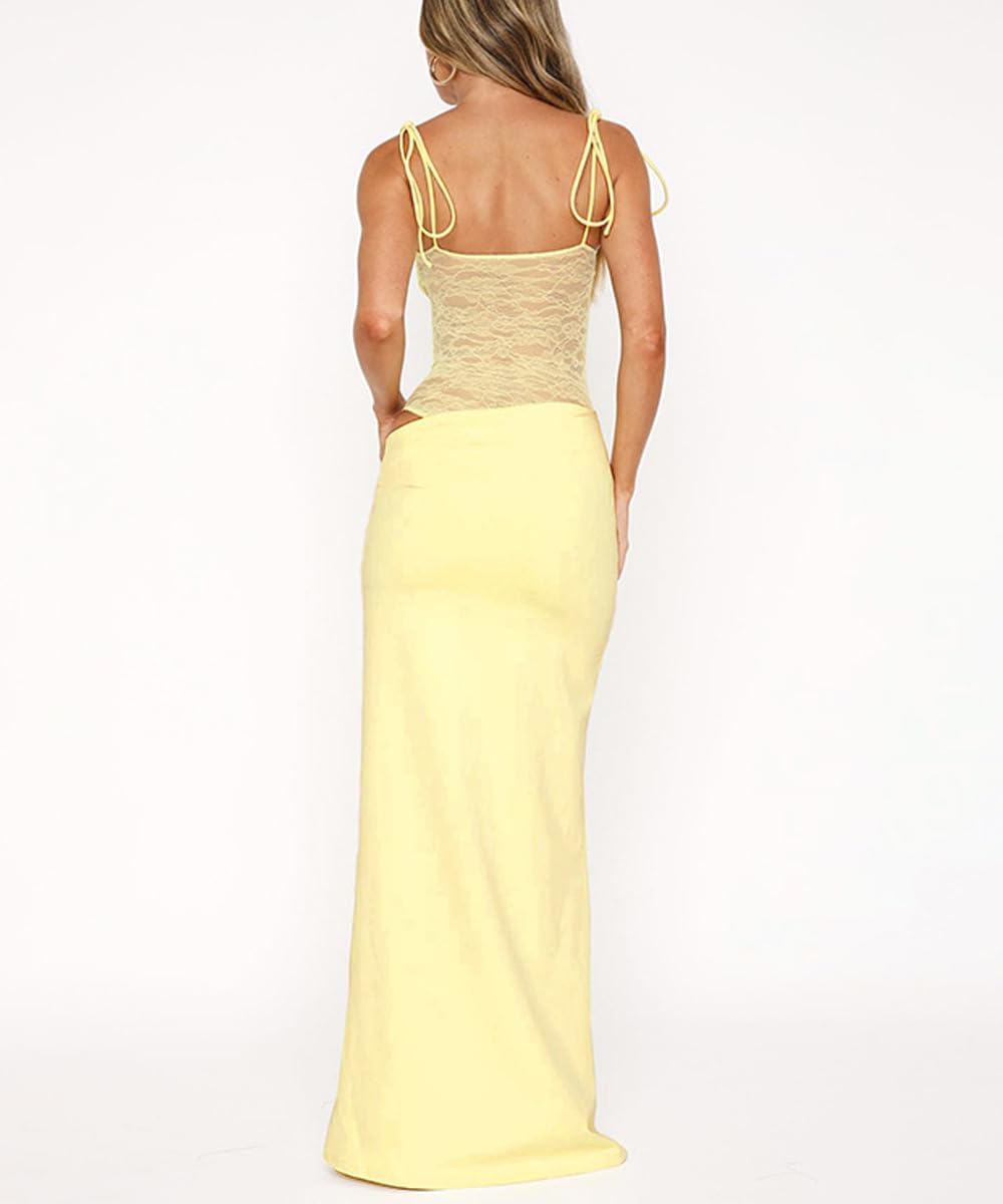 Women Sexy Lace Patchwork Maxi Dress Spaghetti Straps Y2K Sheer Long Bodycon Club Cocktail Long Dresses