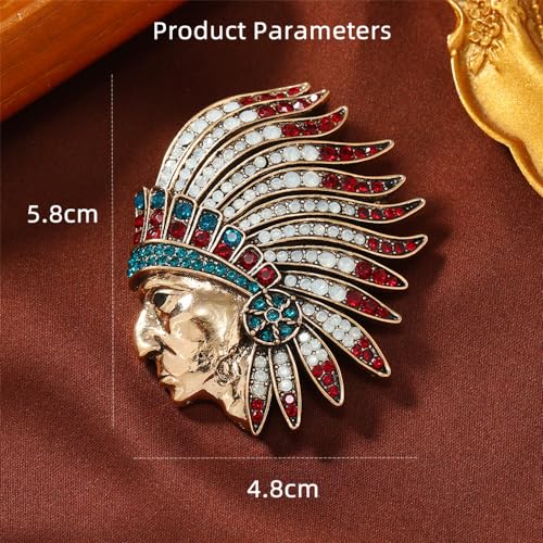 Image of Rhinestone Indian Chief Head Brooch Pin for Women Men Gold Plated Fashion Creative Colorful Crystal Tribal Pendant Brooches Lapel Pins Delicate Hat Bag Suit Dress Accessories Holiday Festival Jewelry