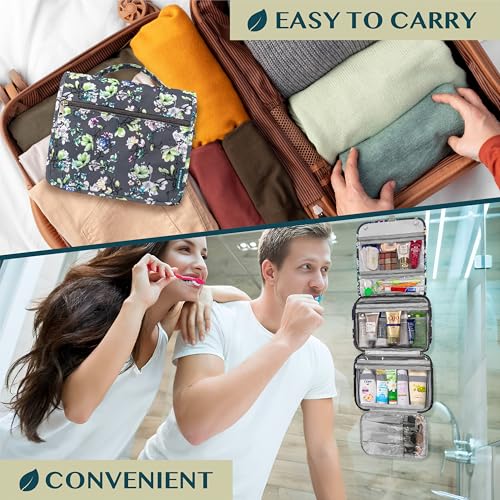 PAVILIA Hanging Toiletry Bag Women Men, Foldable Cosmetic Organizer Travel Bag, Water Resistant Makeup Bag Toiletries, Large Travel Essentials Kit (Grey Floral) - Thumbnail 7