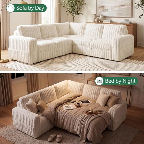 Image of HONBAY Plush Corduroy Modular Sectional Sofa with Pull Out Bed, Convertible L Shaped Couch with Storage,Sleeper Sectional Couches for Living Room,Plush Beige