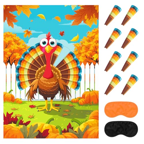 Thanksgiving Games - Pin the Feather on the Turkey Party Game, Thanksgiving Party Decorations Supplies Activities