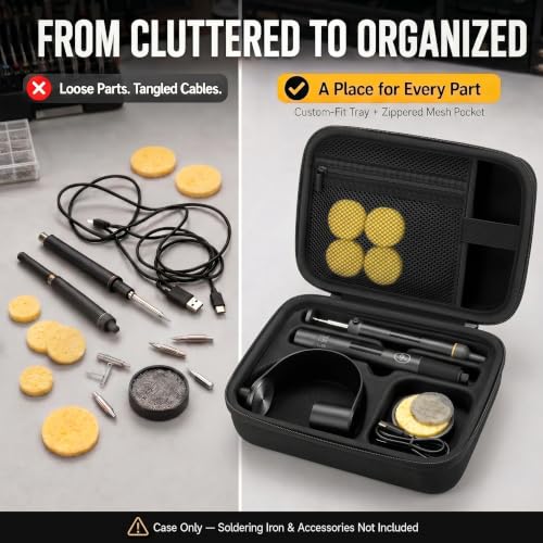 Image of Carrying Case Compatible with Fanttik T1 Max Soldering Iron Kit | EVA Shell with Oxford Exterior, Molded Tray, Mesh Pocket, Dual Zippers and Reinforced Handle for Work, Full Black, Case Only