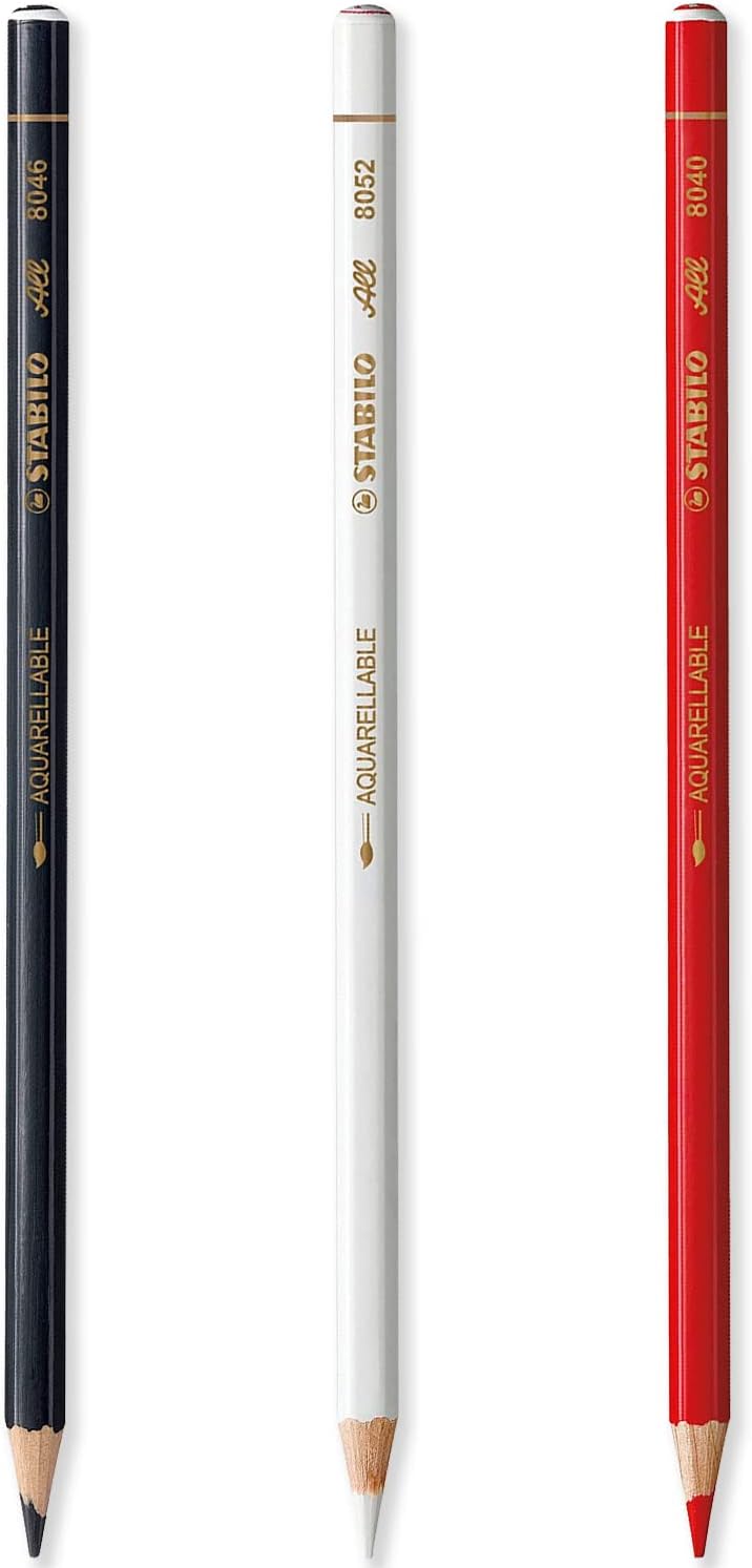 All Watercolour Effect Pencil Pack of 3 Pencils (Black, White & Red)