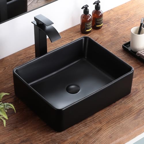 KDKSC Bathroom Vessel Sink 19x15 Rectangular Matte Black Porcelain Ceramic Bathroom Sink Modern Above Counter Vanity Sinks