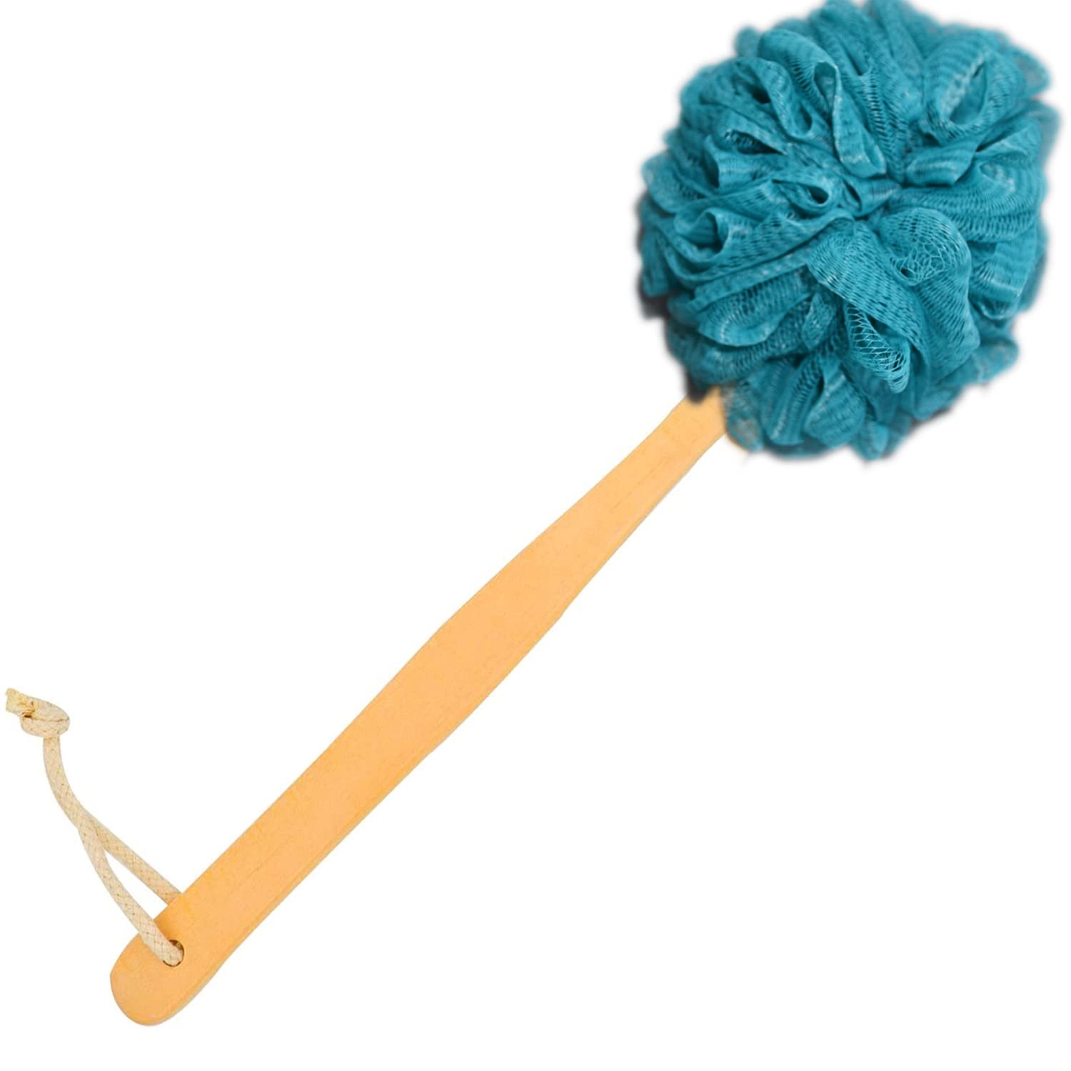 RASDDER Teal Loofah with Handle - Back Scrubber Shower Sponge, Vibrant Exfoliating Luffa with PE Mesh and Wood Handle, Refreshing Bath Experience for