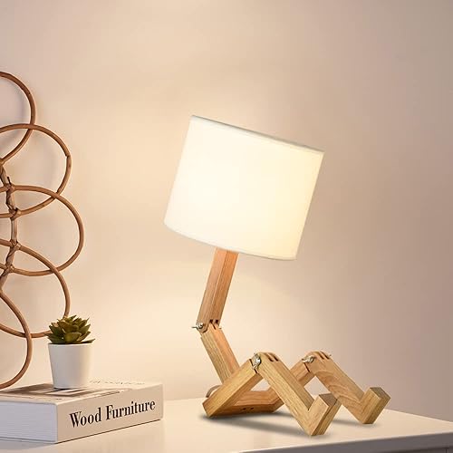 Lámparas de mesa de noche para dormitorio, robot de madera con forma ajustable, lámpara de escritorio LED creativa y linda para cama, se utiliza
