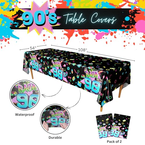 Image of Blue Orchards 90s Party Table Covers (Pack of 2) - Retro 90s Theme 54 x 108 Inch XL Plastic Tablecloth, Back to the 90's Party Decorations, 1990s Hip Hop Throwback Birthday Decor for Adults
