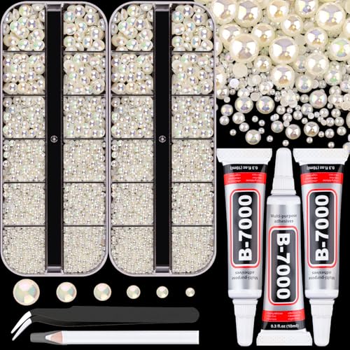 Image of Flatback Pearls for Crafting with 3Pcs 10ml B7000 Jewelry Glue, 2 Boxes of Half Round Beige AB Pearls, Bedazzling Beads for DIY Crafts Clothing Shoes Tumblers Nail Art