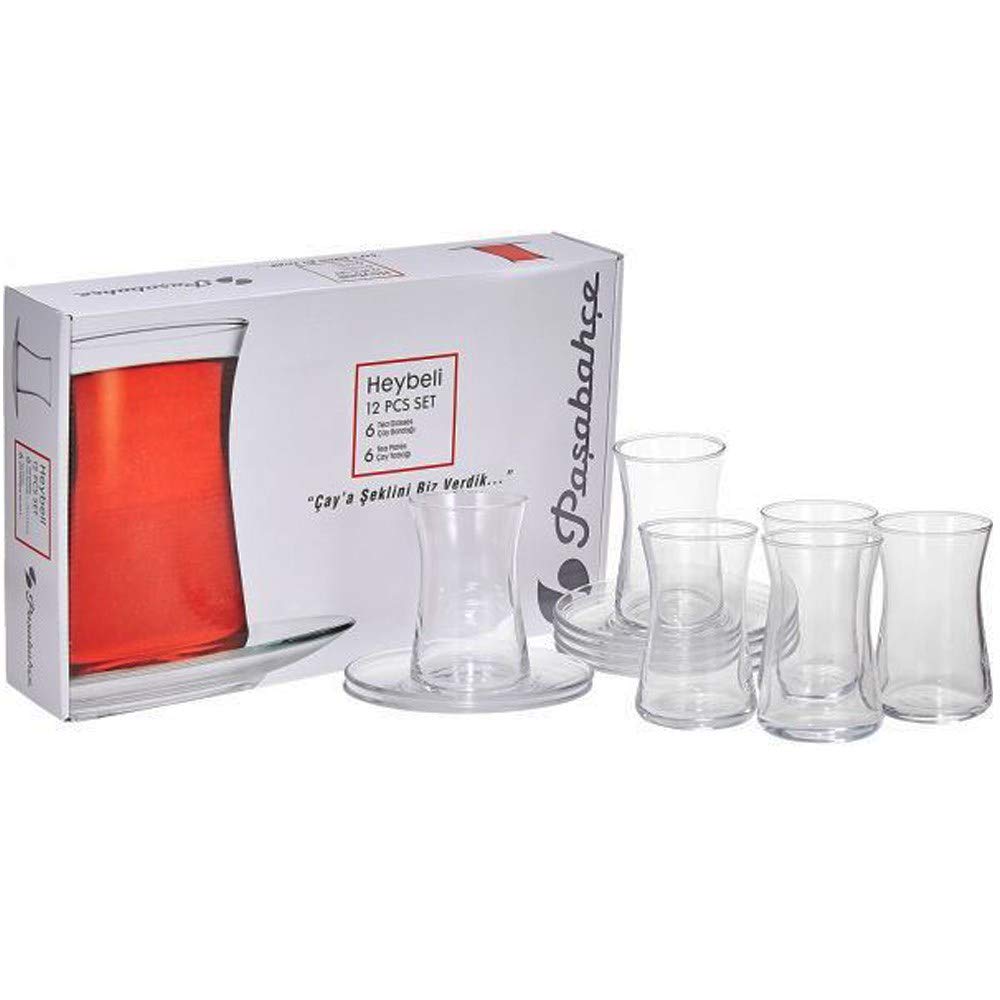 Heybeli Turkish Tea Glasses and Saucers Set - 6 Glasses 6 Saucers - Brand by Pasabahce – 140 milliliters, Glass, Pack of 6