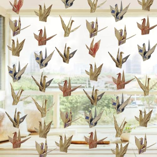 Image of Vintage Crane Paper Hanging Garlands(3stringsX 6.2ft), Retro Newspaper Origami Birds Streamers for Bridal Shower, Baby Shower Birthday Party Supplies,Garden Ceiling Hanging Garland