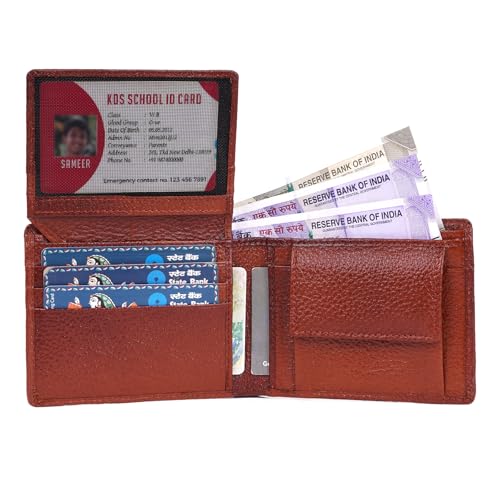 Image of 100% Full Grain Nautral Genuine Pure Original Buff Leather Purse Wallet for Man Mens with Coin Pockets Bifold. 6 Card Slots, 2 Currency Slots, 1 ID Window & 2 Hidden Pockets (TAN)