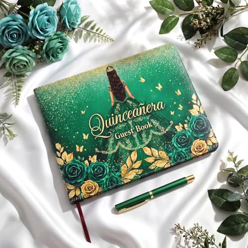 Image of MotiMind Quinceanera Guest Book with Pen 11 x 8 Inch Libro De Firmas Para 15 Anos Quinceanera Leather Hardcover Signature Guest Sign in Book for 15th Party Favors Decoration (Green,Elegant)