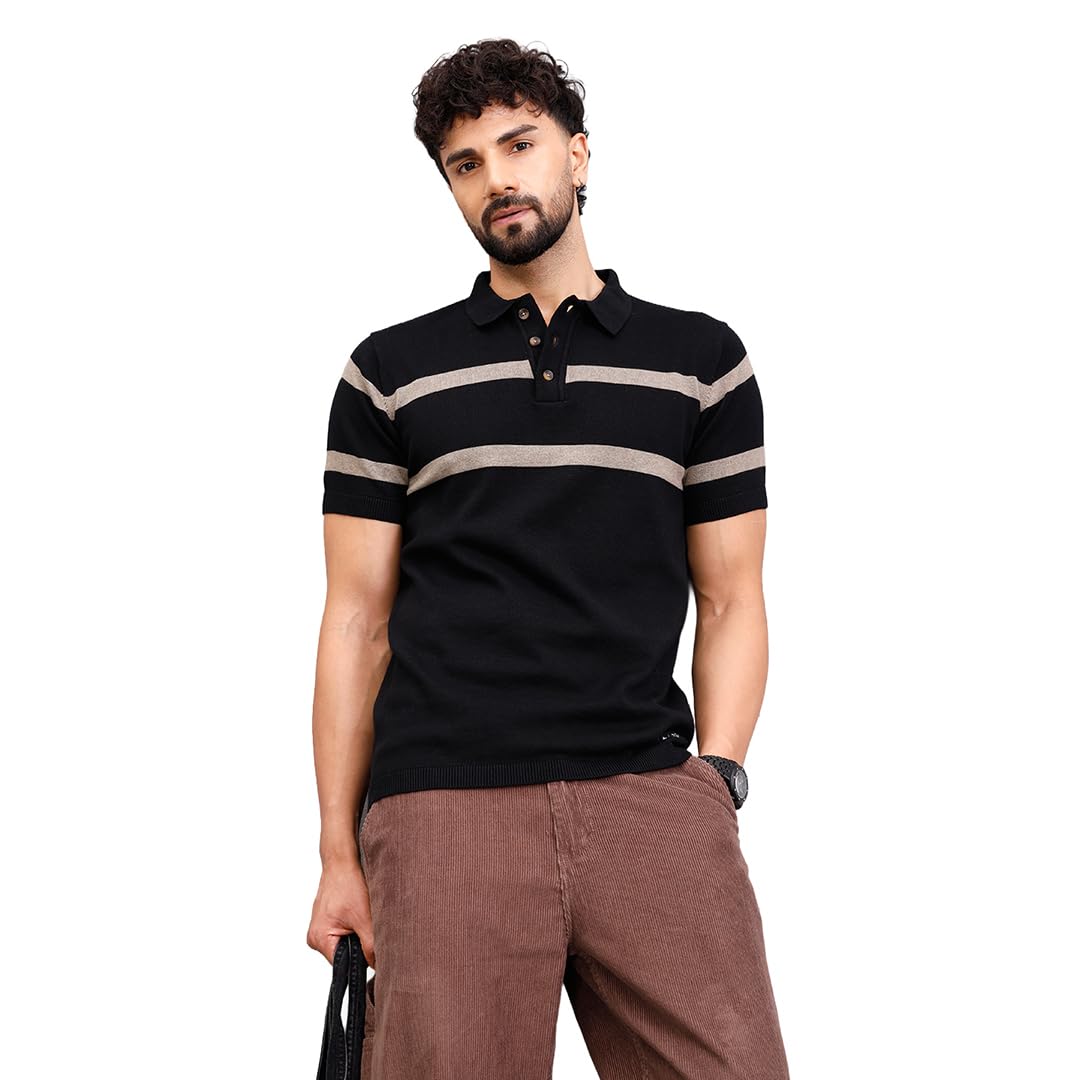 wrogn Men's Gauze Cotton Flat Knit Polo T-Shirt | Khaki Stripe Detail | Slim Fit-picture-32
