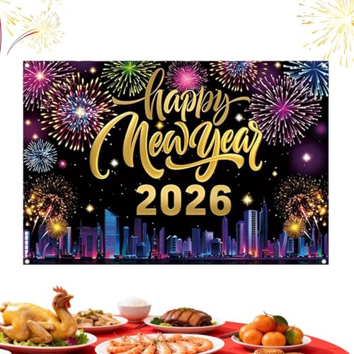 Banner Happy New Year - Panel de tela grande para fiestas de Nochevieja en interiores y exteriores, hogar, salón, patio, porche, escuela, oficina y fotomatón