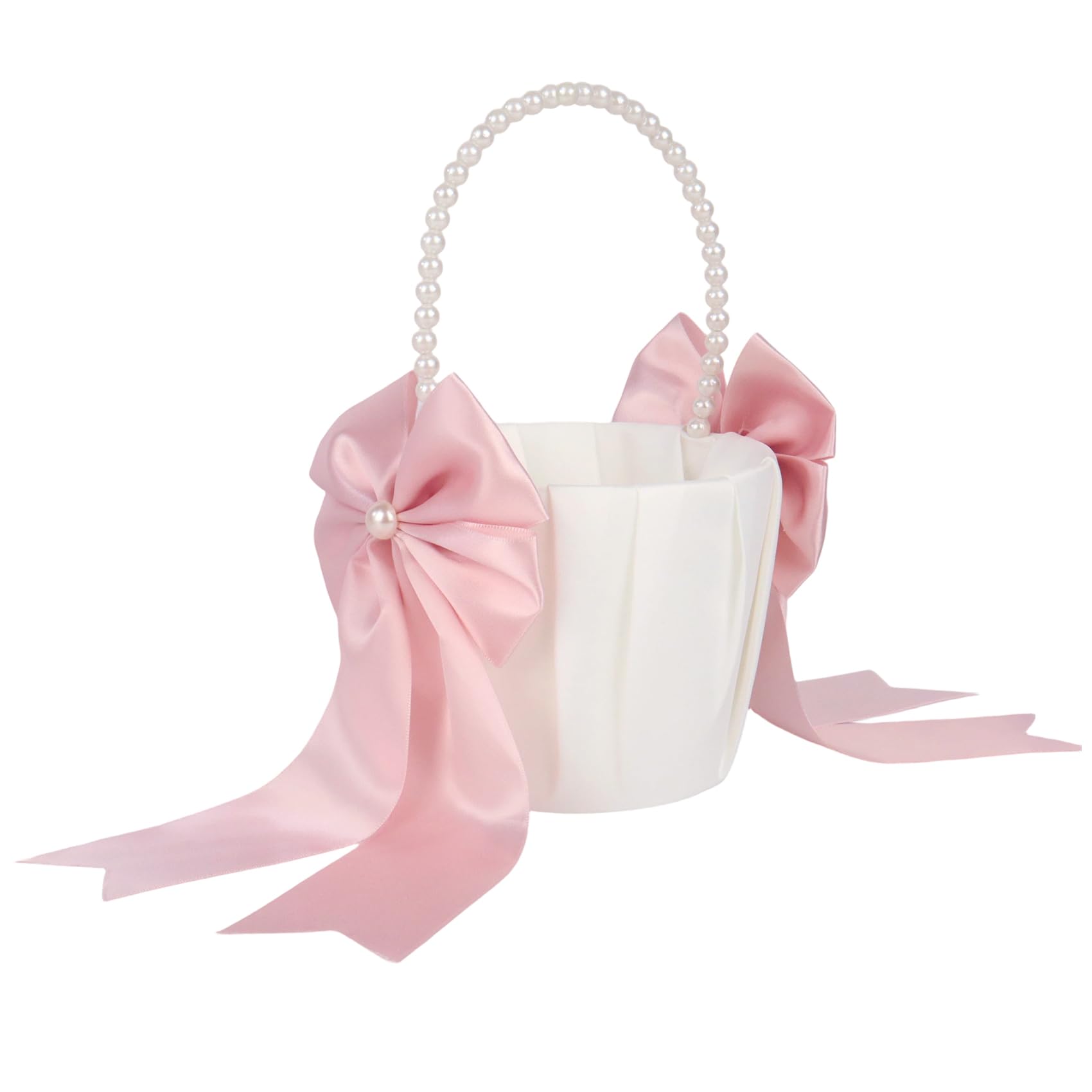 Flower Girl Baskets for Weddings, White Flower Basket with Pearl Handle for Flower Girls(White and Pink)