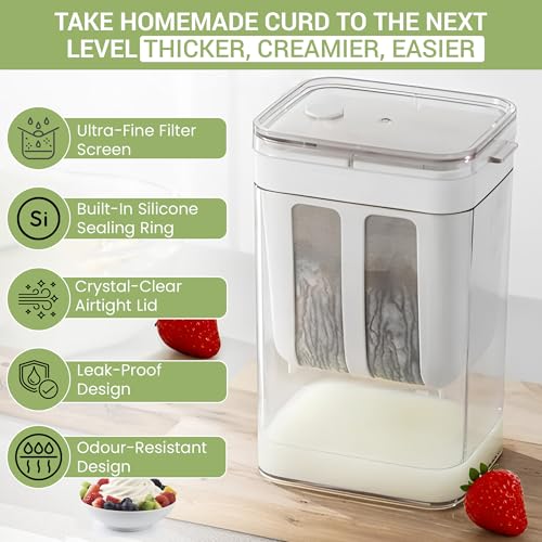 Image of Hung Curd Maker & Greek Yogurt Maker - 1100ml, Fine Mesh Hung Curd Strainer Box with Lid | Multifunctional Yogurt Filter for Thick Dahi, Cheese & More, 10.8x9x17.6 cm, White