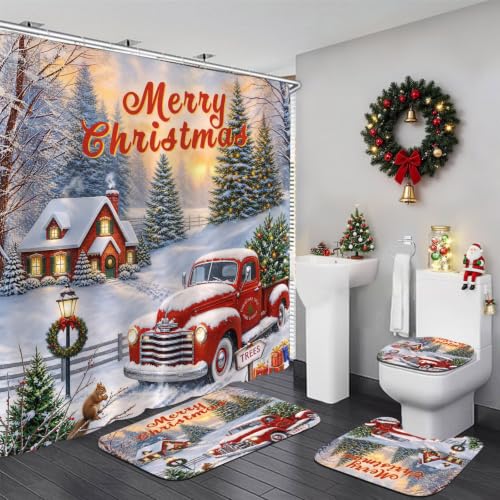 DDQQ 4 Pieces Merry Christmas Shower Curtain Sets with Non-Slip Bathroom Rugs, Toilet Lid Cover and Bath Mat, Xmas Red Truck Shower Curtain with 12 Hooks, Bathroom Curtain Shower Set for Chirstmas