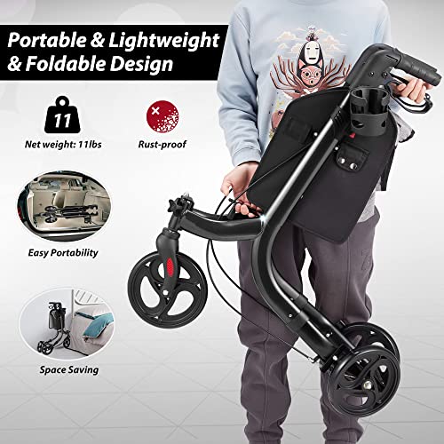Outspurge 3 Wheel Walkers For Seniors, Foldable Rollator Walker，Narrow Walkers For Small Spaces With Height Adjustable Handles, Storage Bag, Brakes, Premium Aluminum Three Wheel Mobility Aid, Black #TOP6