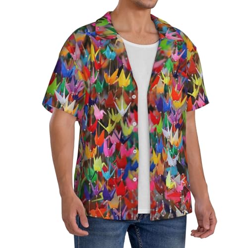 Origami Paper Cranes Print Men's Pocket Hawaiian Shirts â€“ Short Sleeve Casual Beachwear for Summer S-4XL4