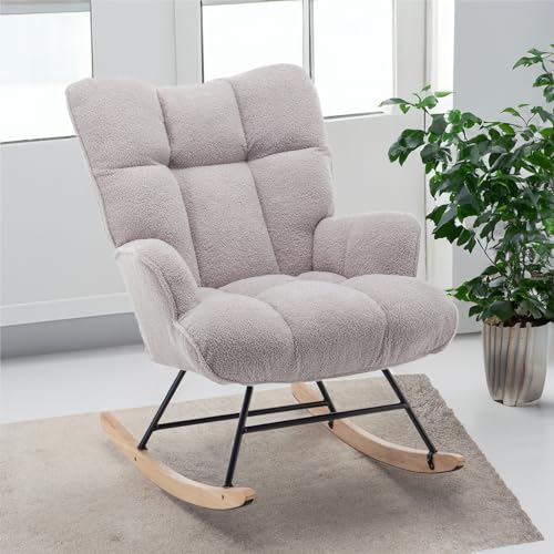 Image of SAETSFEG Nursery Rocking Chair Teddy, Upholstered Glider Rocker with High Backrest, Comfortable Stylish Accent Armchair with Padded Seat for Living Rooms, Grey Bedrooms, Offices, Grey