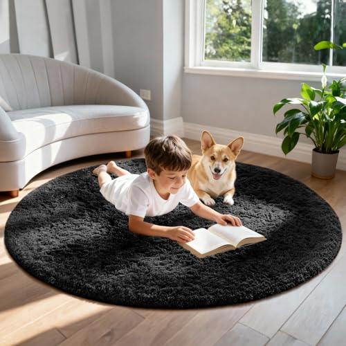 image for Ophanie Round Rug 5Ft Black Circle Area Rug, Room Decor for Men, Fluff