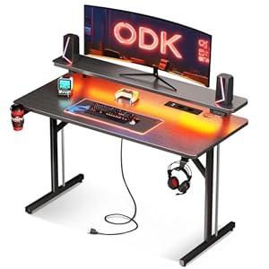 ODK Gaming Tisch, Kleiner Gaming Schreibtisch mit LED Beleuchtung & Steckdosen, Computertisch mit Monitorablage, Carbon Fiber Schwarz PC Gamer Tisch 100cm