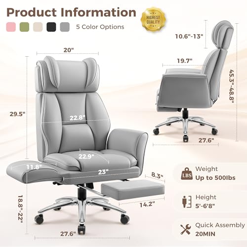 Image of Big and Tall Office Chair, Flip Armrests for Pets & Cross Legged Sitting, Ergonomic Leather Executive Desk Chair with Foot Rest, High-Back Reclining Computer Chairs for Home Office Gaming, Grey