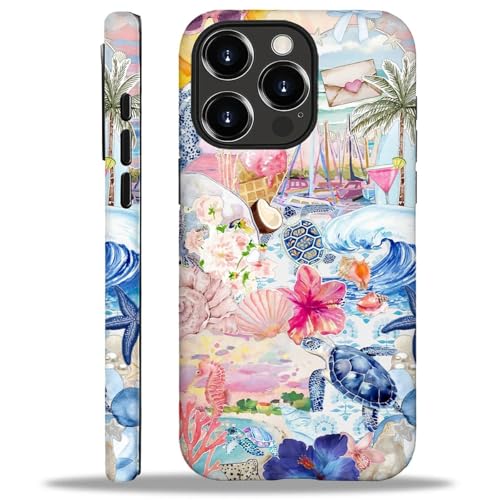 yicomon Compatible with iPhone 16 Pro Max Case, Beach Turtle Shells Collage Pattern Print Matte Phone Case Durable Fashion Funny Liquid Silicone Case Soft Anti-Scratch Shockproof Protective Cover