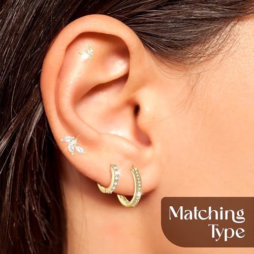 8 pcs Stack Earrings Set, 4 pairs Hypoallergenic Small Huggie Hoop Earrings, 18k Gold plated, Cubic Zirconia, Dainty Stud Earrings, Multiple Piercing, Silver posts, Trendy Jewelry for Women, Gift Box2