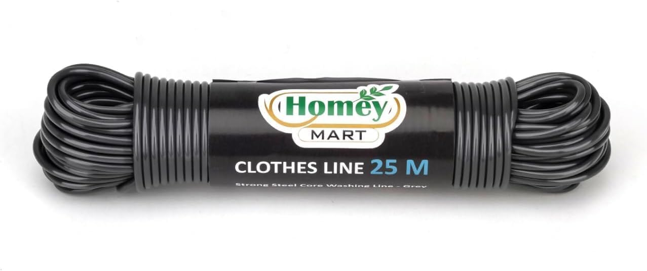 25m Washing Line with Steel Core - 3.5mm Extra Strong PVC Clothes Line, Weather Resistant Indoor & Outdoor Laundry Line, Grey