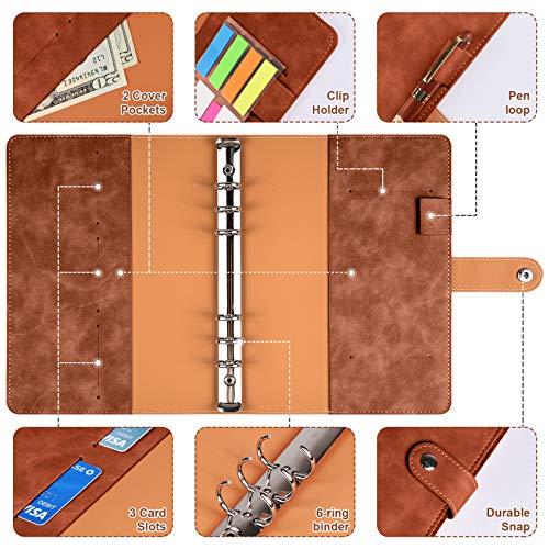 A5 Leather Binder Cover with Plastic Pockets, 6 Ring Soft Refillable Notebook Binder, 12 Colored Clear Zipper Envelopes for Budget, Scrapbook, Dies, Knitting Needle and Planner Accessories