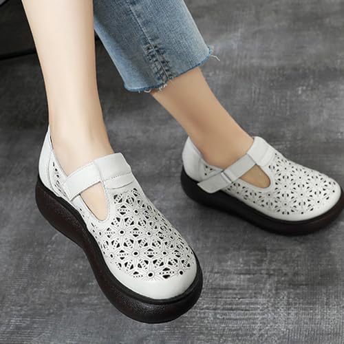 Image of Women's Leather Hollow Platform Rocking Walking Orthopedic Loafers with Adjustable Hook and Loop Comfort Round Toe Breathable Soft Non-Slip Bottom Chunky Wedge Heel Slip-On Casual Sneakers