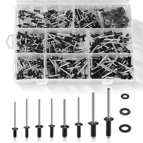 600 Pcs Multi Size Pop Rivets with Flat Washers, Rust Proof Sturdy Stainless Steel Blind Rivets with Compartmentalized Storage Box for DIY Projects Commercial Applications Automotive
