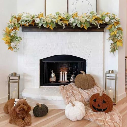 Image of Fall Mantel Garland Decor for Home - 6 Ft Autumn Leaves Table Garlands with Lights Decorations for Thanksgiving and Halloween Leaf Centerpieces for Bedroom Tables Stair Porch Outdoor Farmhouse
