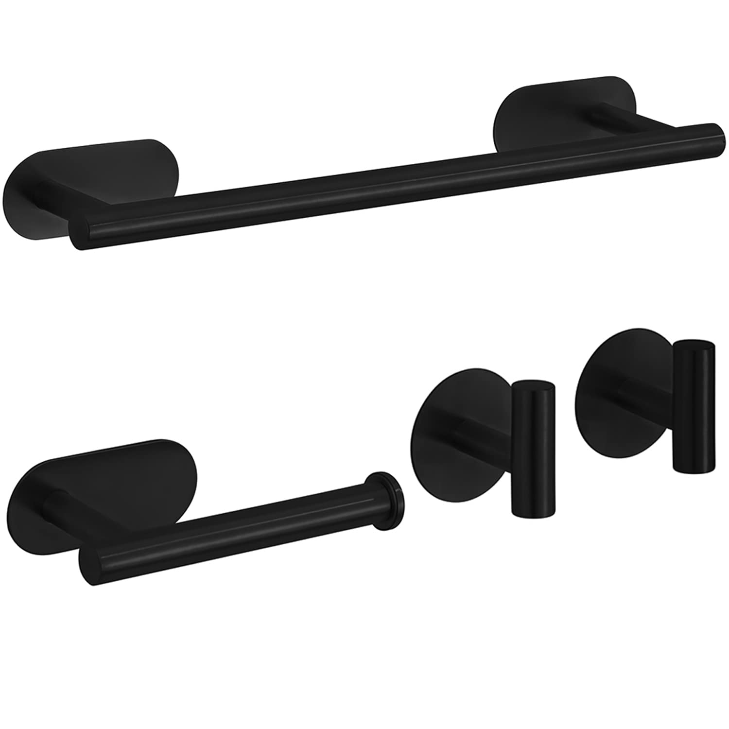 Laimew Juego de Accesorios de baño de 4 Piezas sin taladrar Acero Inoxidable Negro Barra de Toalla de 16 Pulgadas Soporte para Papel higiénico 2 Ganchos para Batas