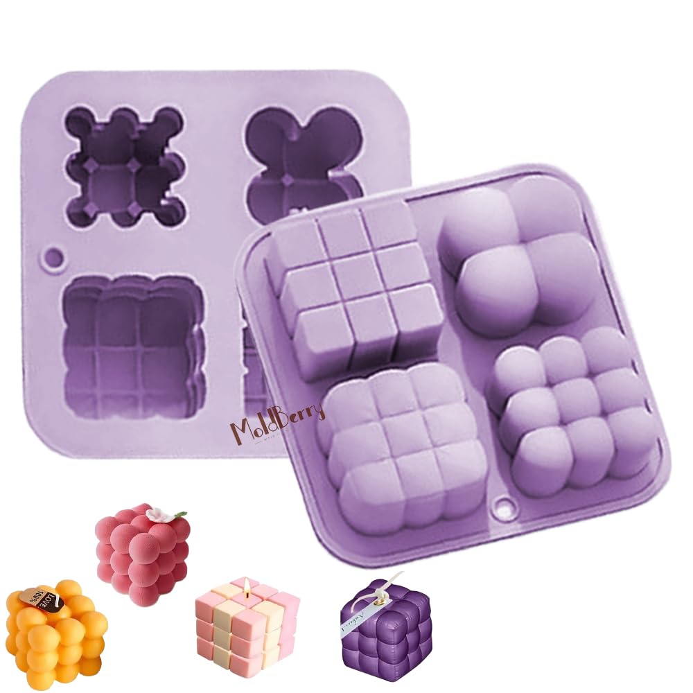 Moldberry Silicone 4 in 1 Design Bubble Candle | 3D Cube Silicone Mold for Soy Wax Decor Candle Mould | 3D Handmade Candle Molds for Candle Making | Bubble Cake Mold for Baking Mousse Cake Dessert Jelly Pack 1