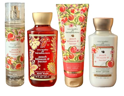 Bath and Body Works Peach Blossom and Nectar 4 Piece Body Care Set - Mist Body Cream Lotion and Body Wash - Full Size