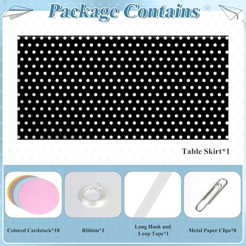 Image of 9FT Black Base White Polka Dot Table Skirt Set with 18PCS Pastel Paper Circles Teacher Desk Skirt for Classroom Decor Back to School Party Supplies Rectangle Cabinet Curtain for Office Dorm