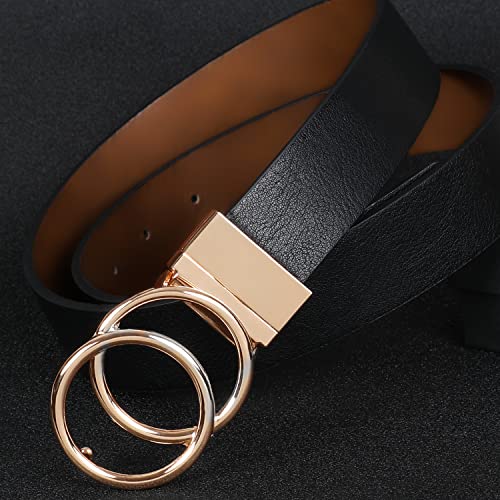 Women Leather Belt, Reversible Belt, Leather Waist Belt for Jeans Dress with Gold Double O Ring Rotate Buckle3