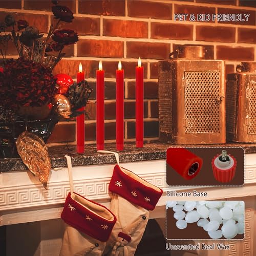 Image of Red Flameless Taper Candles 9.6 inch Christmas LED Candles Real Wax with Remote Timer, Battery Operated LED Candles Set with 3D Flickering Flame, Classic Flickering Candlesticks for Home, Party, 6 Pack