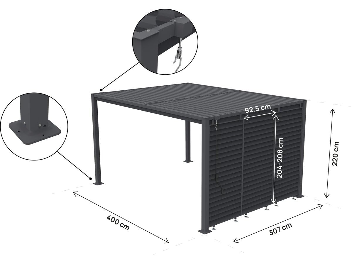 Pergola bioclimatique avec 3 persiennes en Acier galvanisé Howard - 3 x 4 m - Gris