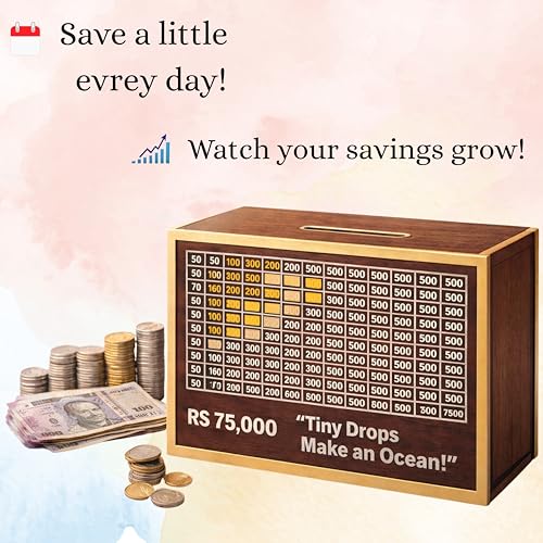 Image of Premium Wooden Money Bank with Lock - Vintage Coin Saving Box for All Ages - Ideal for Cash, Coins, Donations & Home Decor (75K Money Box, 1, Count)