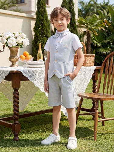Image of Summer Boys Suit Dress Clothes Kids Wedding Ring Bearer Outfit 4Pcs Shirt Vest Shorts Set