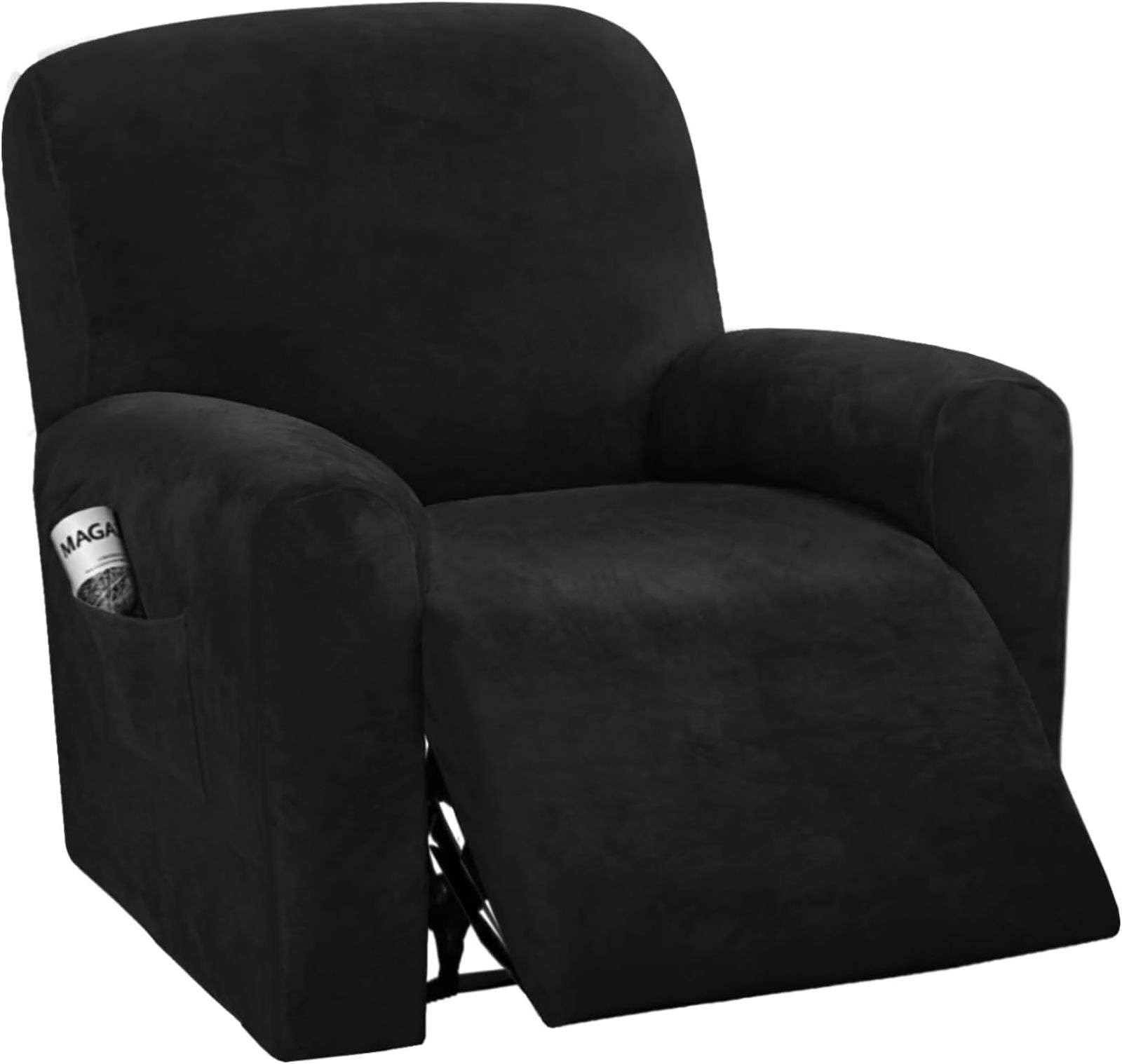 CLGTY Stretch Velvet Recliner Sofa Covers, 4-piece With Pocket Lazy Boy Reclining Sofa Slipcover Non Slip Armchair Covers For Kids Pets-black-chair
