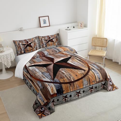 Image of Western Texas Star Comforter Rustic Wood Grain Comforter Set for Boys Girls Children Rustic Farmhouse Bedding Set Vintage Style Duvet Set Room Decor Quilt Set Queen Size