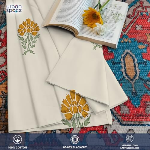 Image of Urban Space 100% Cotton Floral Curtains 5 Feet Long Set Of 2, 60-65% Room Darkening Curtains, Decorative Curtain With Eyelets /Rings For Hanging, Tieback Included (Marigold Yellow, 5 Feet)