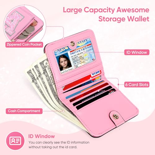 Initial RFID Wallet Small Teen Girl Gifts Trendy Stuff Women Birthday Graduation Christmas Gift Idea for Girls 6 7 8 9 10 11 12 13 14 Year Old Preppy Cute Girly Travel Necessities I Pink A2