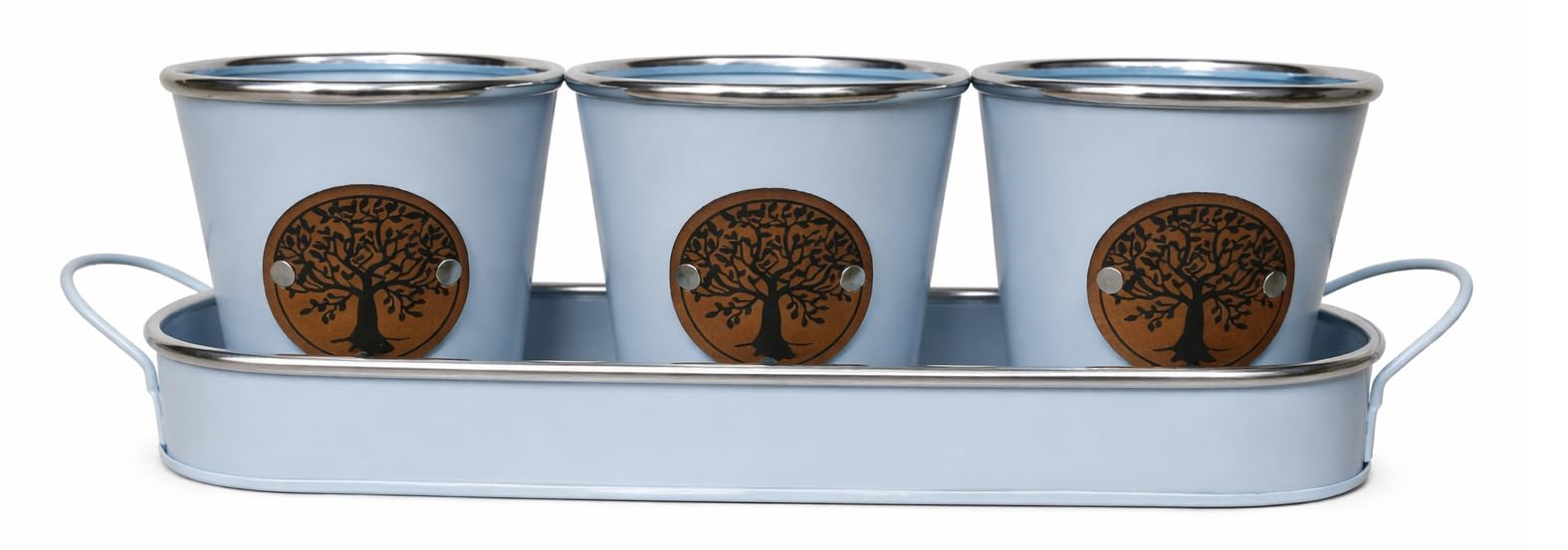 Set of 3 Metal Plant Pots with Tray Tree of Life Indoor Outdoor Planters Herb Pots Windowsill Flower Planters Steel Waterproof Decorative Garden Pots Sage Green Duck Egg Blue Grey (Duck Egg Blue)
