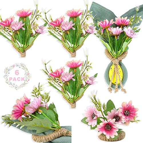 QNNEFF Easter Napkin Rings Set of 6 Daisy Flowers Napkin Rings Farmhouse Napkin Rings Holders Spring Greenery Napkin Rings Rustic Jute Rope Serviette Rings Wedding Party Family Gathering Table Decor